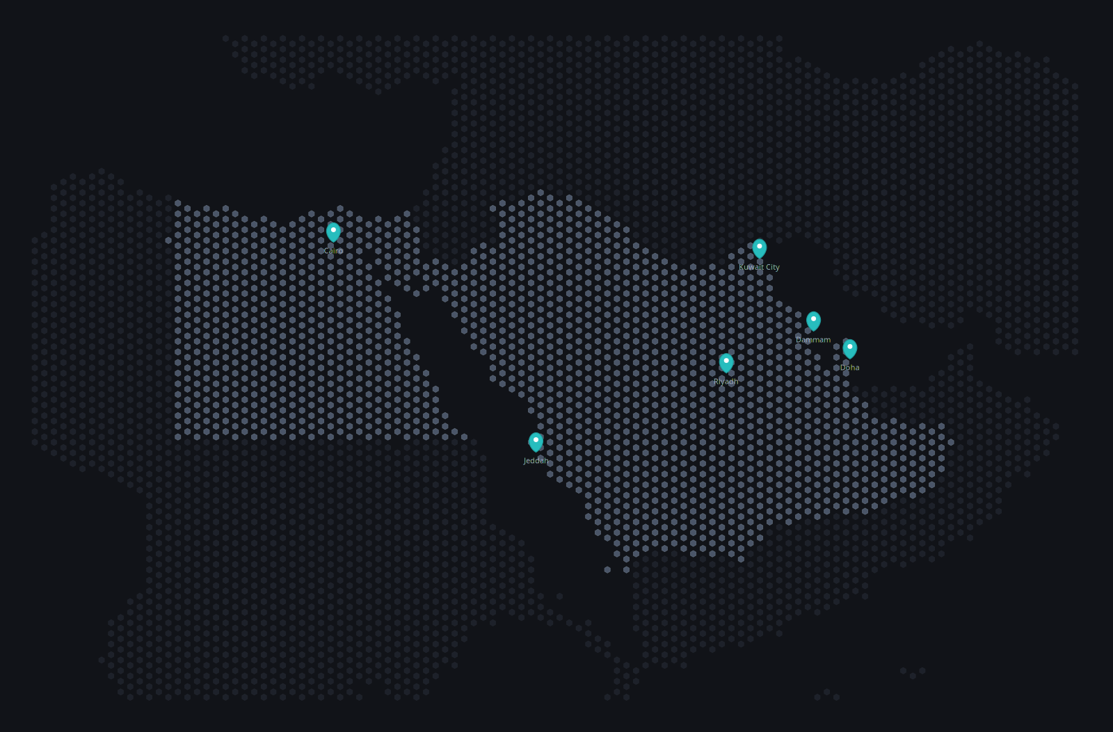 Hexagonal dot map of the GCC and wider Middle East region with key commercial markets highlighted